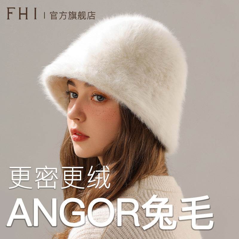 Big Head Circumference Real Rabbit Plush Hat - Milky White & Khaki - Buy Center US