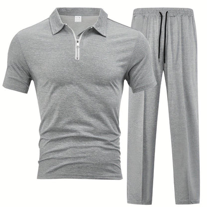 Men's Casual Knit Set - Zipper Short Sleeve Shirt & Drawstring Pants - Buy Center US