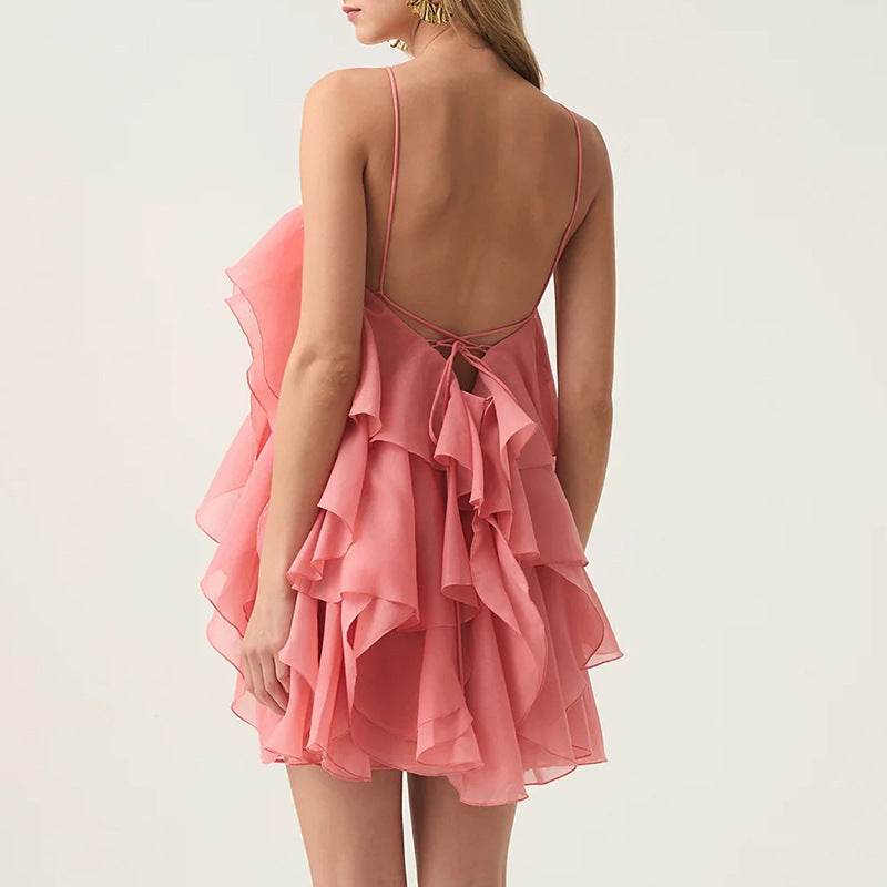 Halter Flower Design Lace-Up Dress - Asymmetric Skirt in Orange, Rose, Pink - Buy Center US