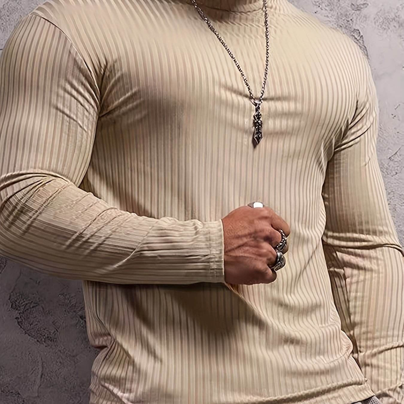 Solid Stripe Knit Turtle Neck T-shirt - Comfy Long Sleeve for Men's Fitness - Buy Center US