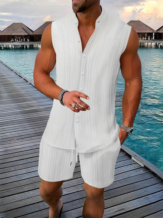 Summer Men's Casual Henley Neck Tank Top & Shorts Beach Set - Buy Center US