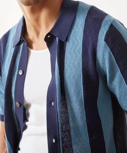 Men's Hollow Breathable Polo Shirt - Stylish Stripes in Blue, Sizes M-XXXL - Buy Center US