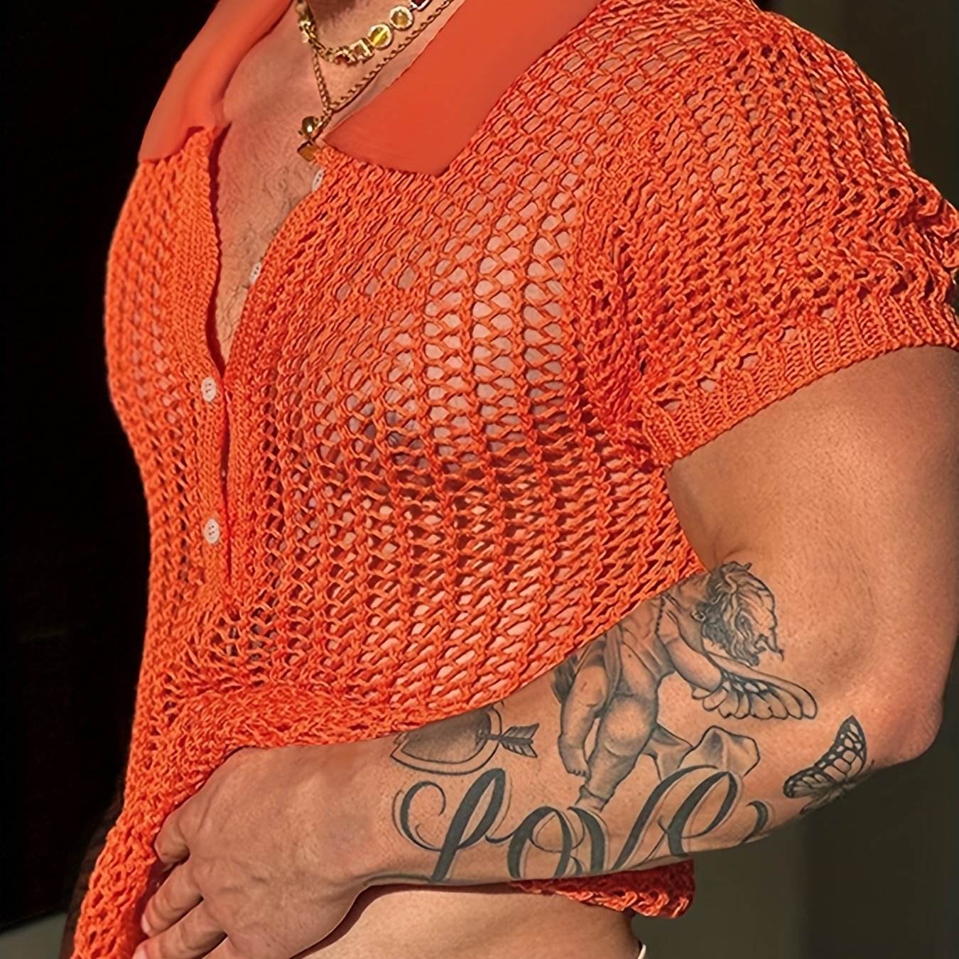 INCERUN Men's Bright Orange Mesh Shirt - Sheer Short Sleeve Collared Top - Buy Center US