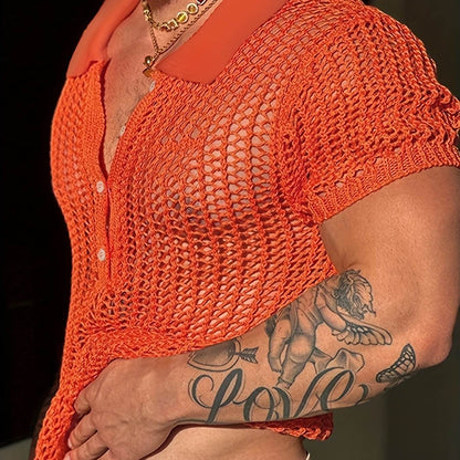 INCERUN Men's Bright Orange Mesh Shirt - Sheer Short Sleeve Collared Top - Buy Center US