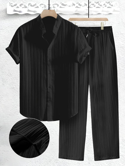 Men's Casual Summer Co-ord Set - Short Sleeve Shirt & Pants, Solid Color - Buy Center US