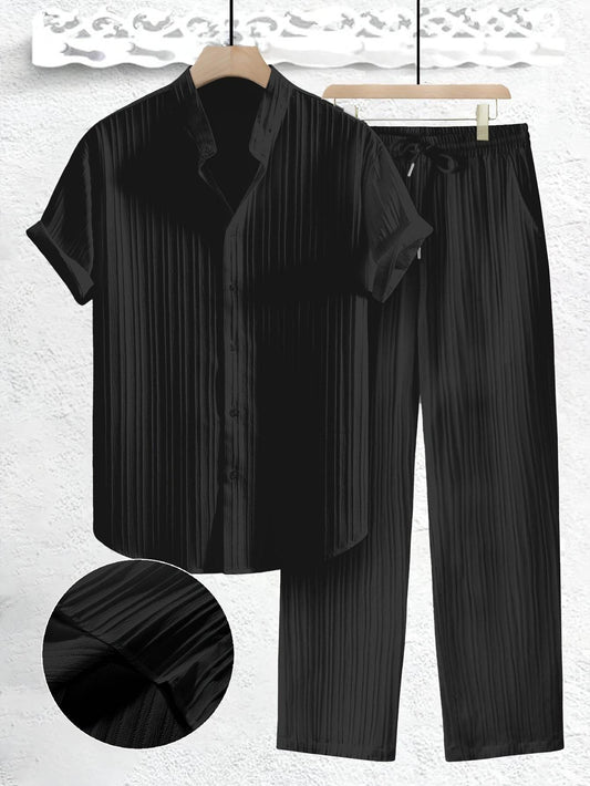 Men's Casual Summer Co-ord Set - Short Sleeve Shirt & Pants, Solid Color - Buy Center US