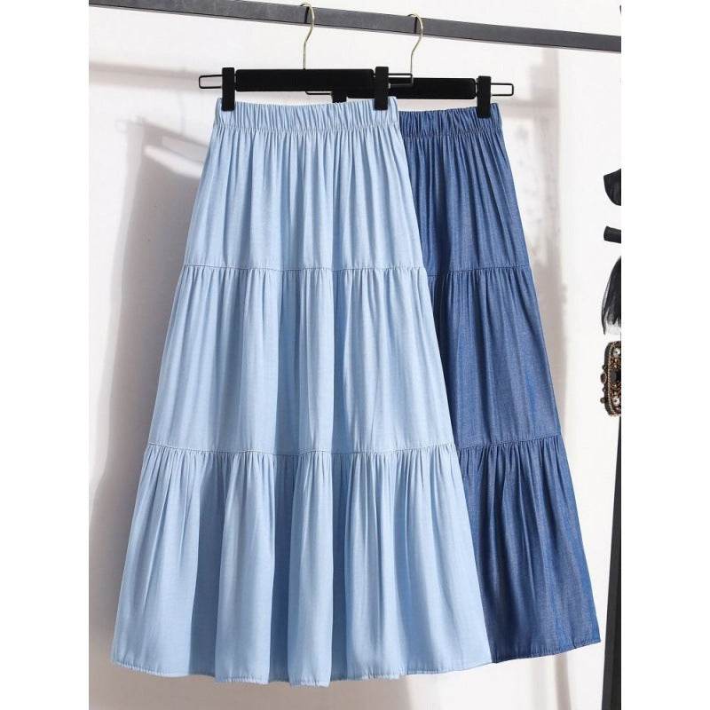 All-Match Ice Silk Denim Skirt for Women - Elastic Waist, A-Line Design - Buy Center US