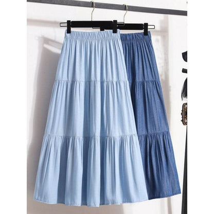 All-Match Ice Silk Denim Skirt for Women - Elastic Waist, A-Line Design - Buy Center US