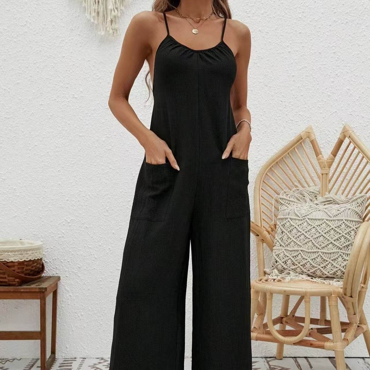 Ladies' Backless Wide Leg Jumpsuit - Casual Lightweight Summer Style - Buy Center US