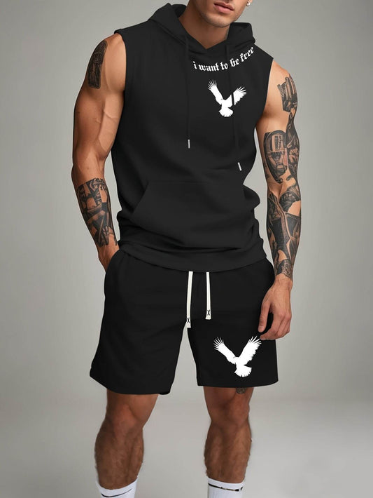 Black Sleeveless Hoodie & Shorts Set - White Bird Print, Casual Outdoor Wear - Buy Center US