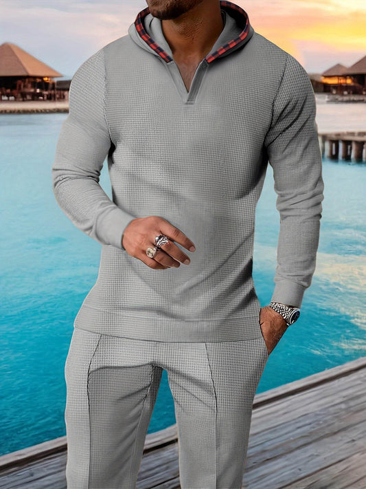 Men's 2pcs Athletic Set - Beige Hoodie with Red Plaid & Sports Pants - Buy Center US