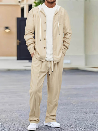Men's Two-Piece Waffle Knit Set - Hooded Cardigan & Drawstring Pants - Buy Center US