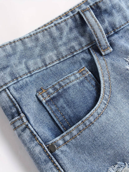 Men’s Distressed Straight Leg Jeans - Loose Fit, All-Season Casual Wear - Buy Center US