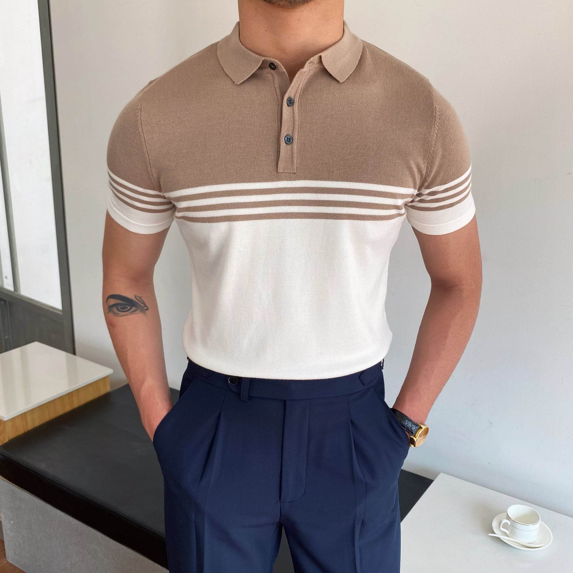 Casual Striped Short Sleeve Polo Shirt - Khaki, Black, or Dark Blue - Buy Center US