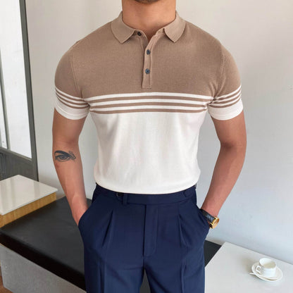 Casual Striped Short Sleeve Polo Shirt - Khaki, Black, or Dark Blue - Buy Center US