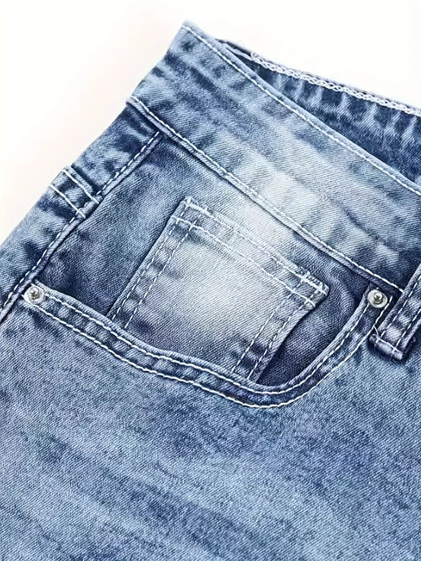 Men's Classic Blue Jeans - Stretch Denim with Geometric Pattern, Machine Washable - Buy Center US