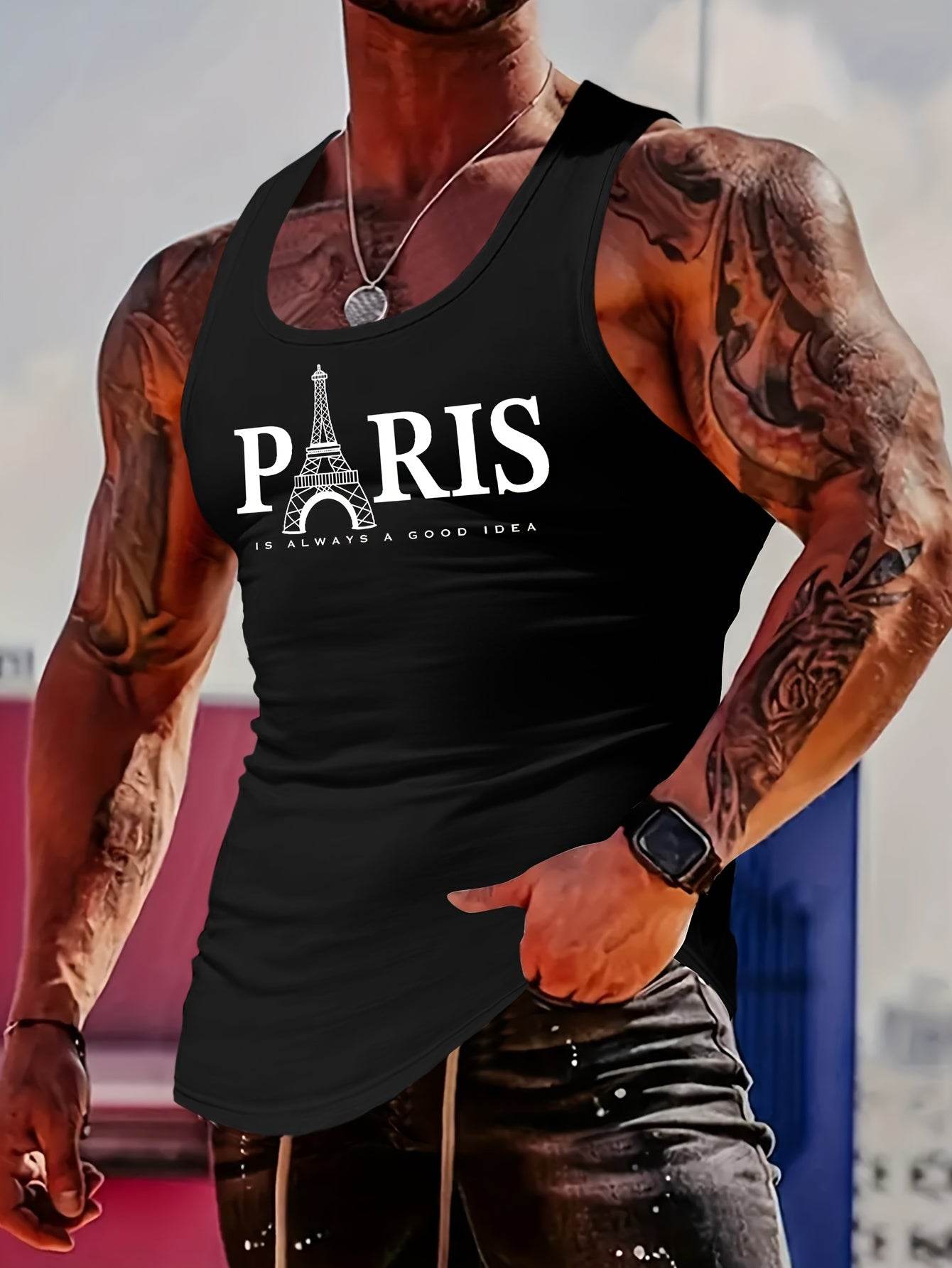 MBD Men's Eiffel Tower Graphic Tank Top - Slim Fit, Breathable Gym Vest - Buy Center US