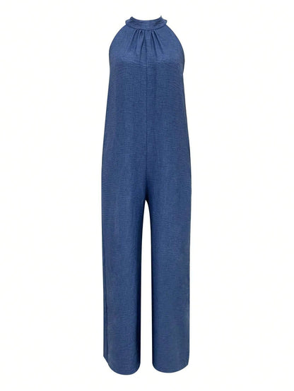 Young Women's Sleeveless Halter Jumpsuit - Flared Animal Print Style - Buy Center US