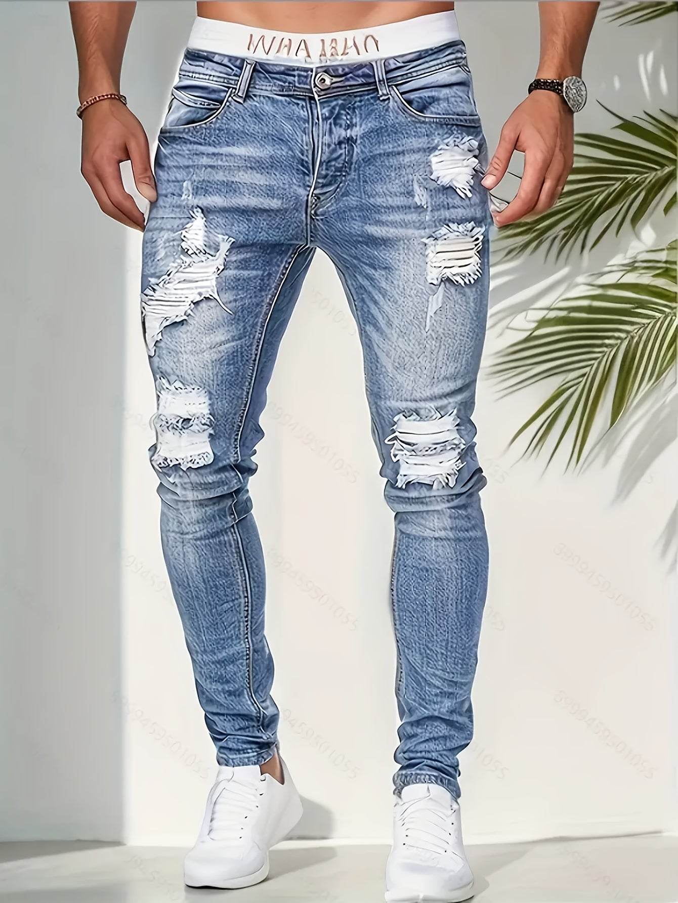 Men’s Distressed Skinny Jeans - Light Blue Ripped Denim, Medium Stretch - Buy Center US