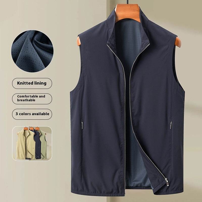 Buycenter Casual Men's Vest - Lightweight Stand Collar Waistcoat in Khaki & Blue - Buy Center US