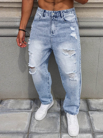 Men's Distressed Blue Denim Harem Pants - Loose Fit, Casual All-Season Wear - Buy Center US
