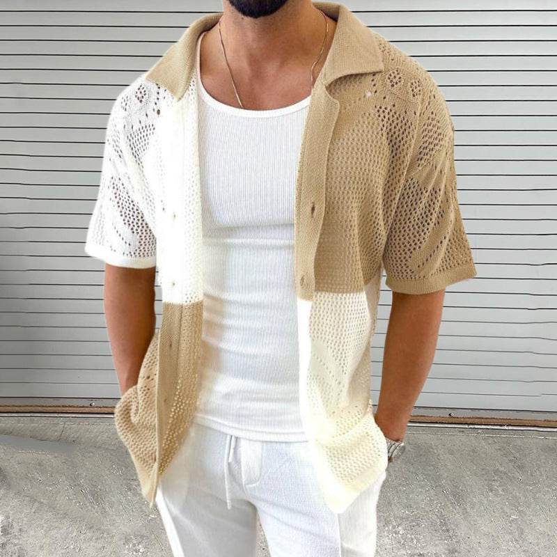 Men's Color Blocking Hollow Knit Sweater - Slim Fit Cardigan for Summer - Buy Center US