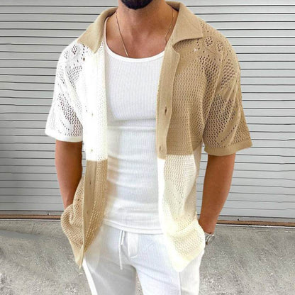 Men's Color Blocking Hollow Knit Sweater - Slim Fit Cardigan for Summer - Buy Center US