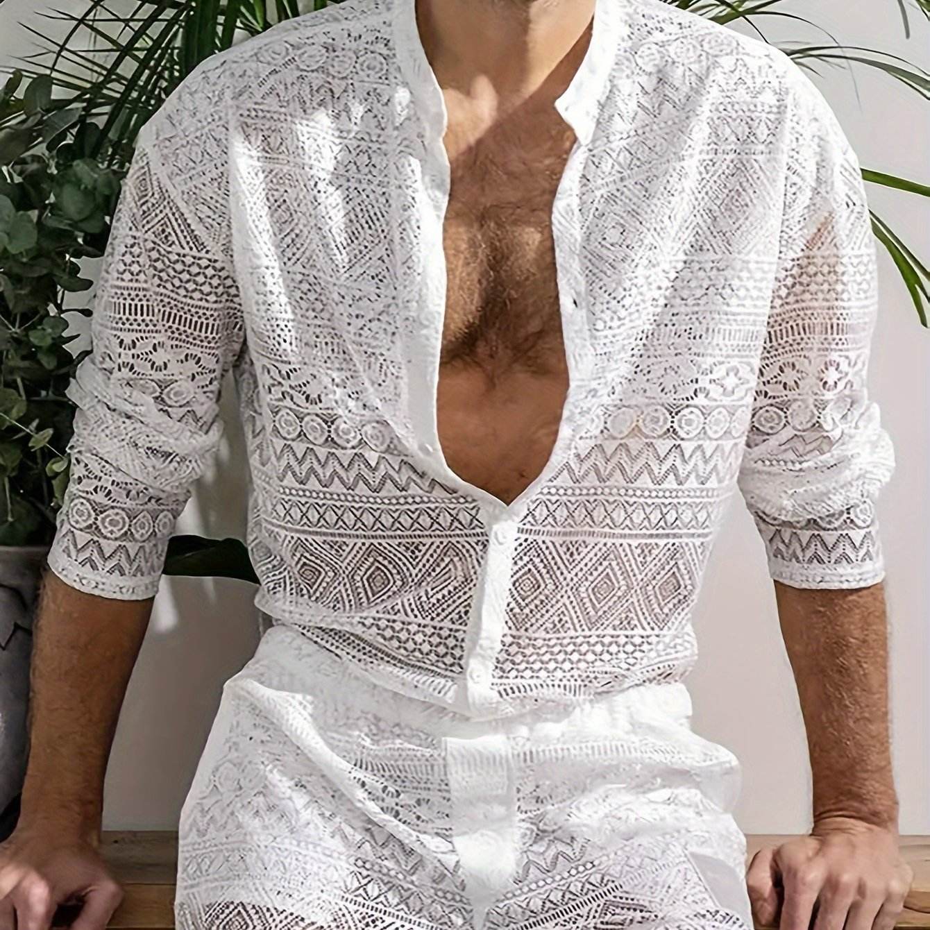 Men's Lace Sheer 2-Piece Shirt and Shorts Set - Sexy Summer Outfit - Buy Center US