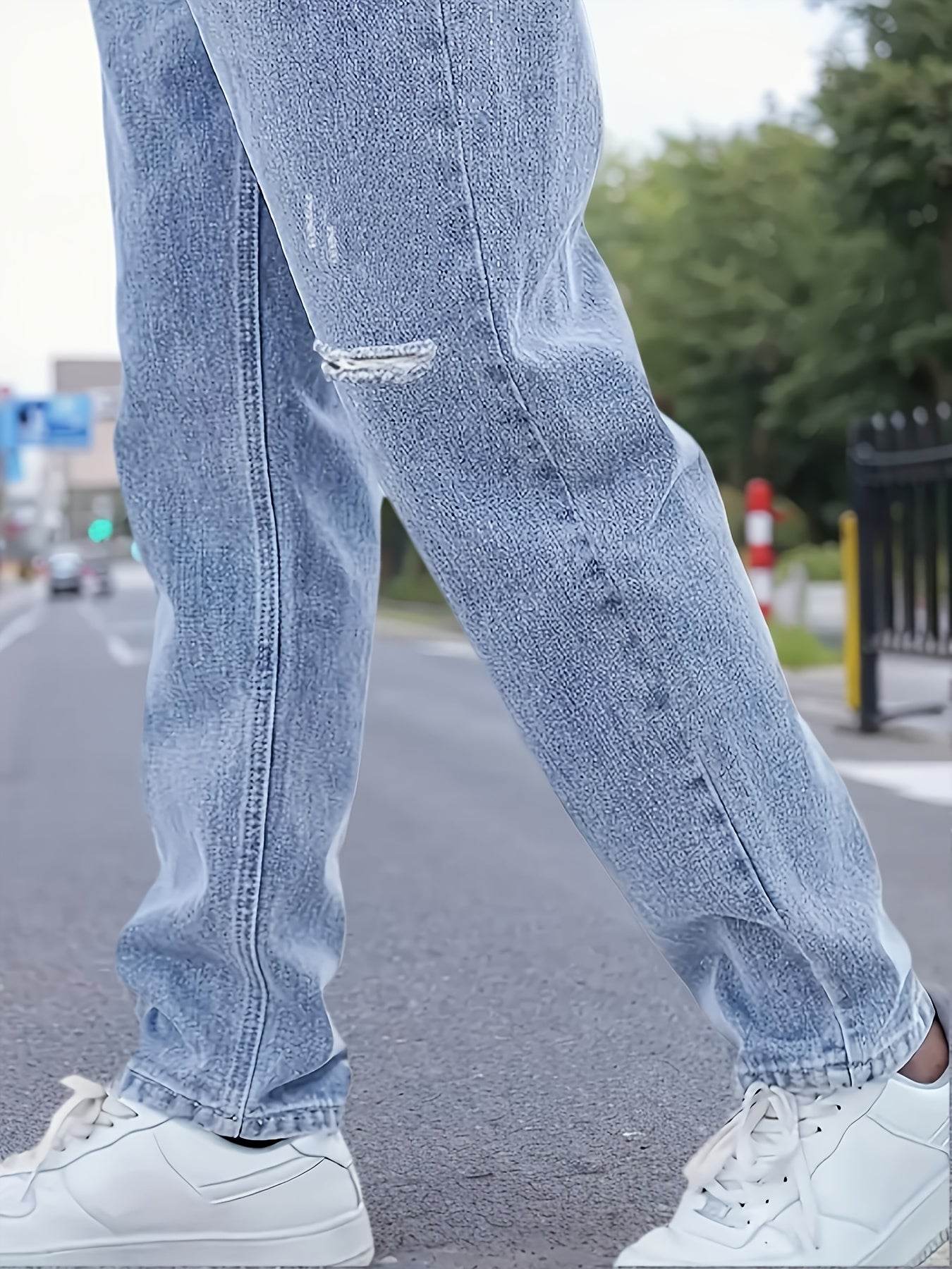 Men's Distressed Blue Jeans - Casual Loose Fit for All-Season Wear - Buy Center US