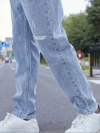 Men's Distressed Blue Jeans - Casual Loose Fit for All-Season Wear - Buy Center US
