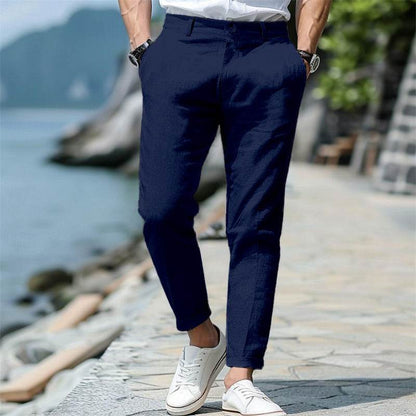 Men's Linen Summer Trousers - Button Front, Slant Pockets, Straight-Leg - Buy Center US