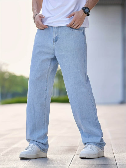 Men's Loose Fit Straight Leg Jeans - Washed Blue, All-Season Comfort - Buy Center US