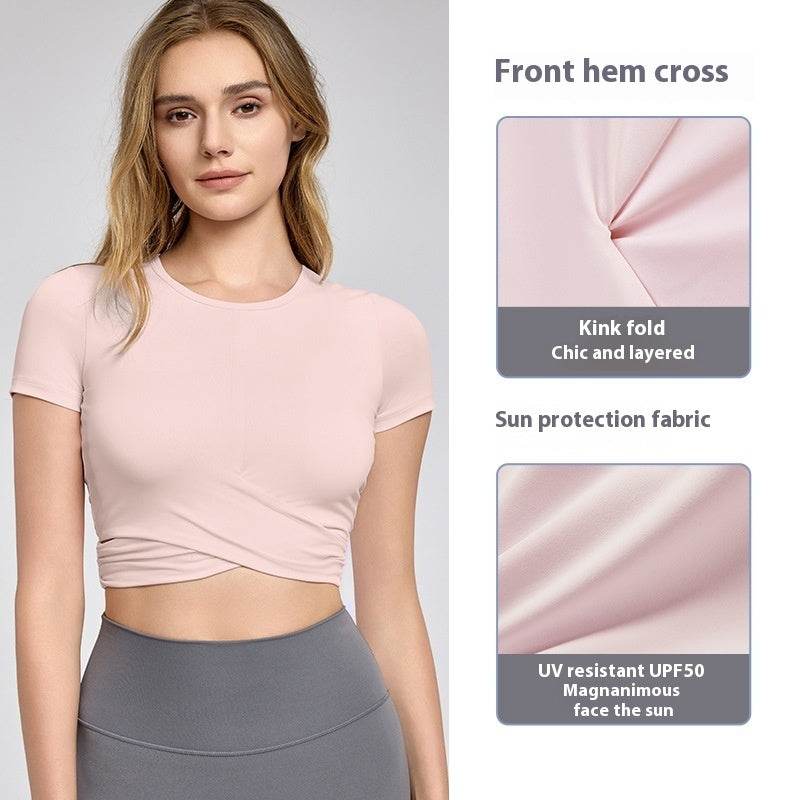 Short Sleeve Cross Pleated Yoga Top - Women's Activewear in Light Pink & Black - Buy Center US