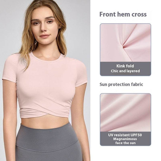 Short Sleeve Cross Pleated Yoga Top - Women's Activewear in Light Pink & Black - Buy Center US
