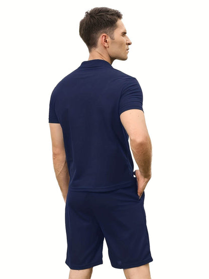 Men's 2-Piece Solid Color Sports Suit - Zip-Up Shirt & Drawstring Shorts - Buy Center US