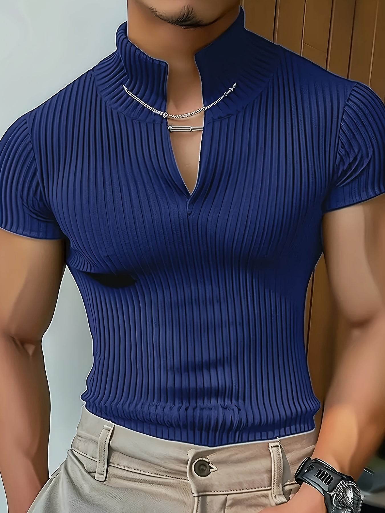 Men's Red V-Neck Striped Athletic Shirt - Slim Fit Short Sleeve Top - Buy Center US