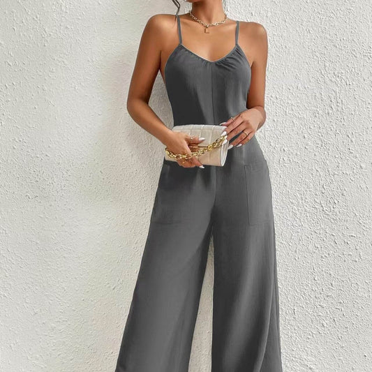 Ladies' Solid Color Chest Pleated Jumpsuit - Sleeveless Summer Style - Buy Center US