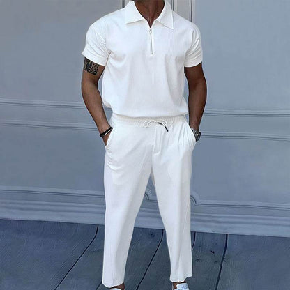 Stylish Men's Polo Collar Trousers Suit - Short Sleeve, Solid Colors - Buy Center US