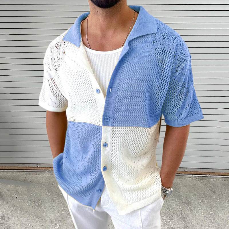 Men's Color Blocking Hollow Knit Sweater - Slim Fit Cardigan for Summer - Buy Center US