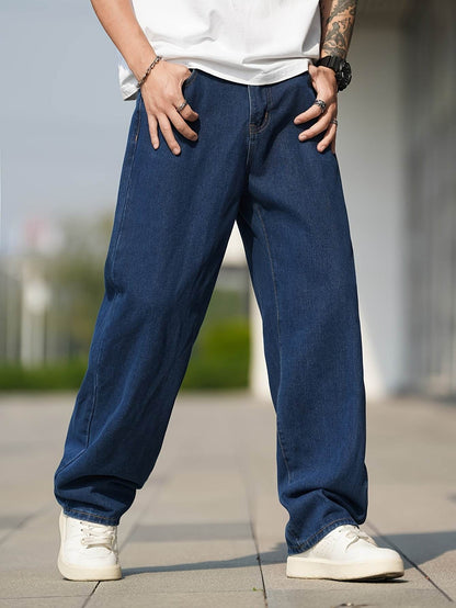 Men's Loose Fit Straight Leg Jeans - Washed Blue, All-Season Comfort - Buy Center US