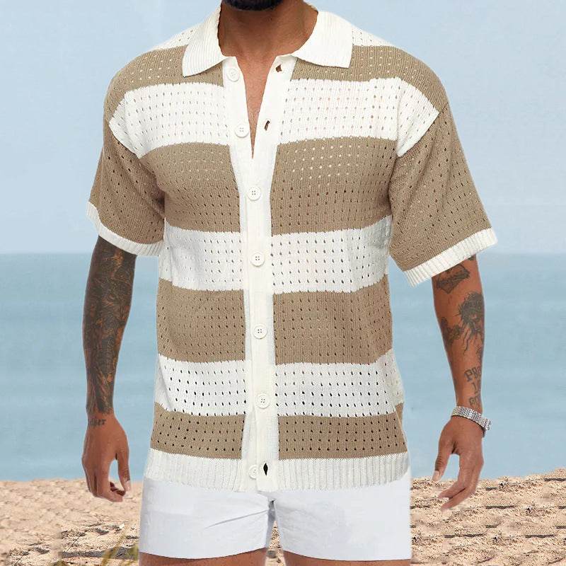 Men's Slim Fit Cardigan Polo - Short Sleeve Color Matching Knit Top - Buy Center US