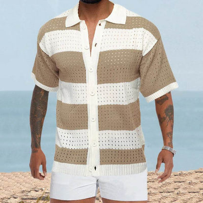 Men's Slim Fit Cardigan Polo - Short Sleeve Color Matching Knit Top - Buy Center US