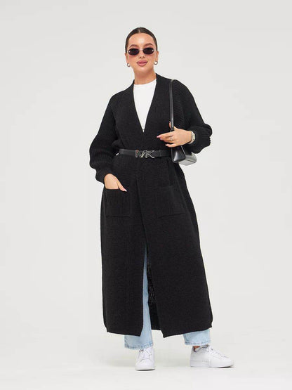 Women's Long Knitted Cardigan - Buckle-Free Loose Fit Coat, Solid Colors - Buy Center US