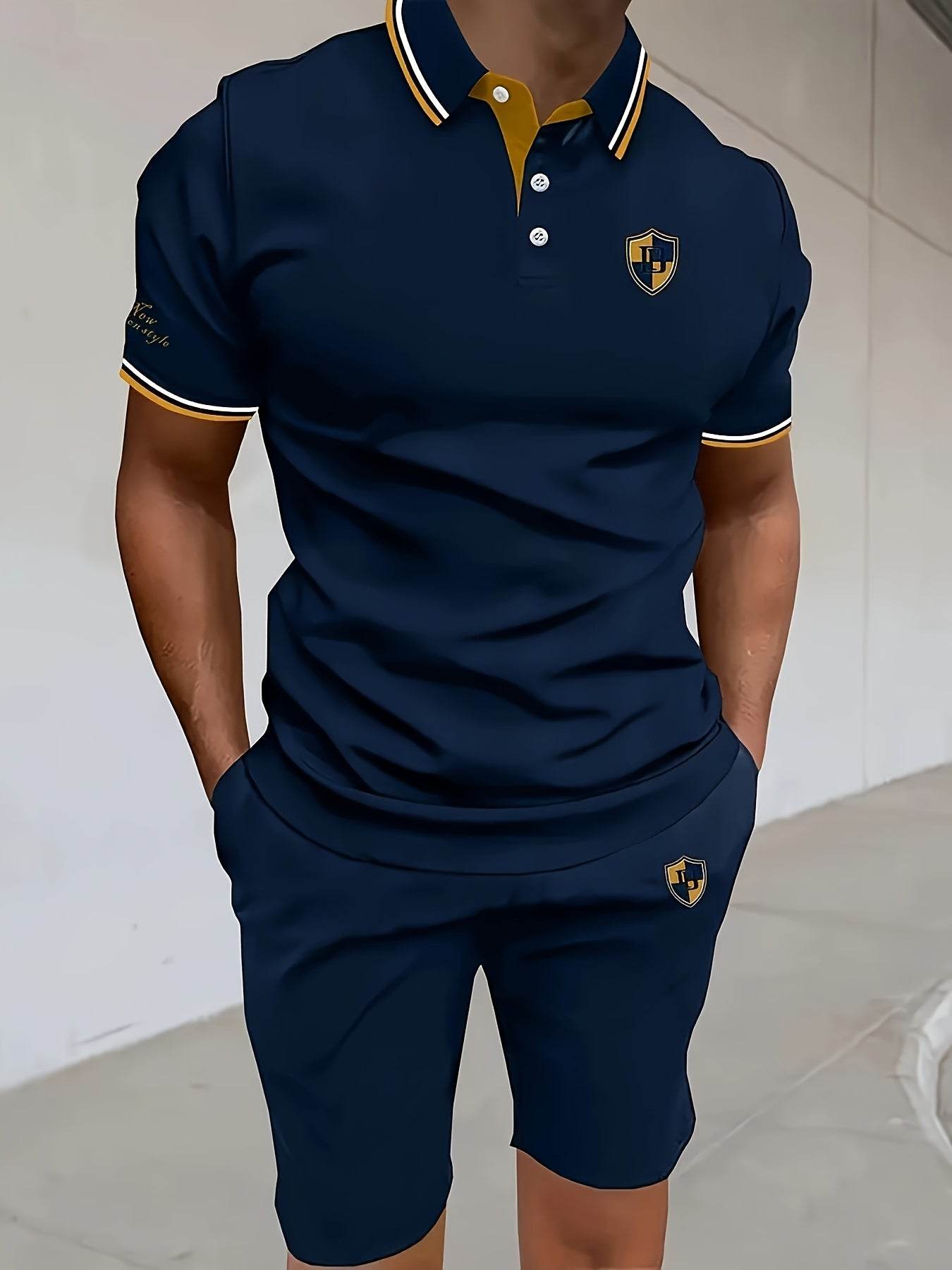 Men’s 2pcs Casual Summer Outfit - Striped Polo & Elastic Waist Shorts - Buy Center US
