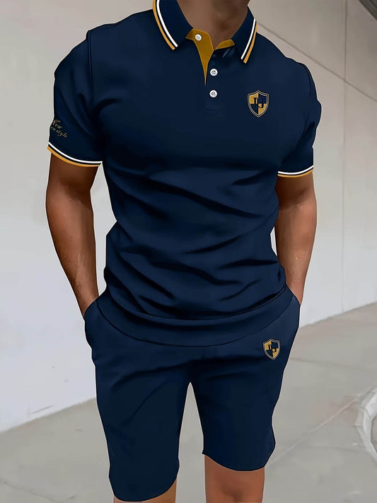Men’s 2pcs Casual Summer Outfit - Striped Polo & Elastic Waist Shorts - Buy Center US