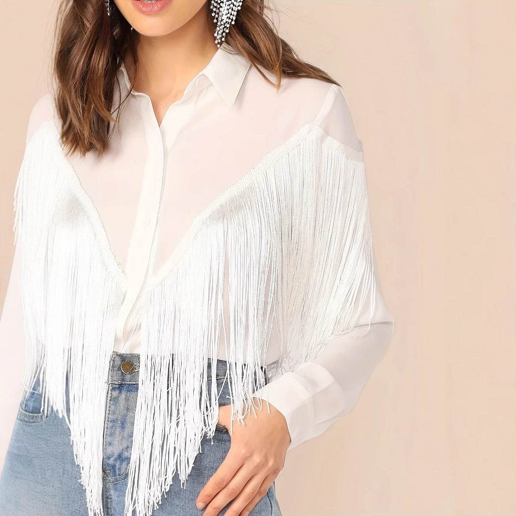 Women's Long Sleeved Tassel Shirt - Elegant Loose Casual Top - Buy Center US
