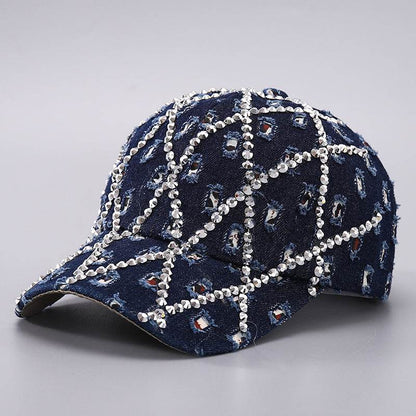 Ripped Denim Baseball Cap - Leopard Rhinestone Fashion for All Seasons - Buy Center US