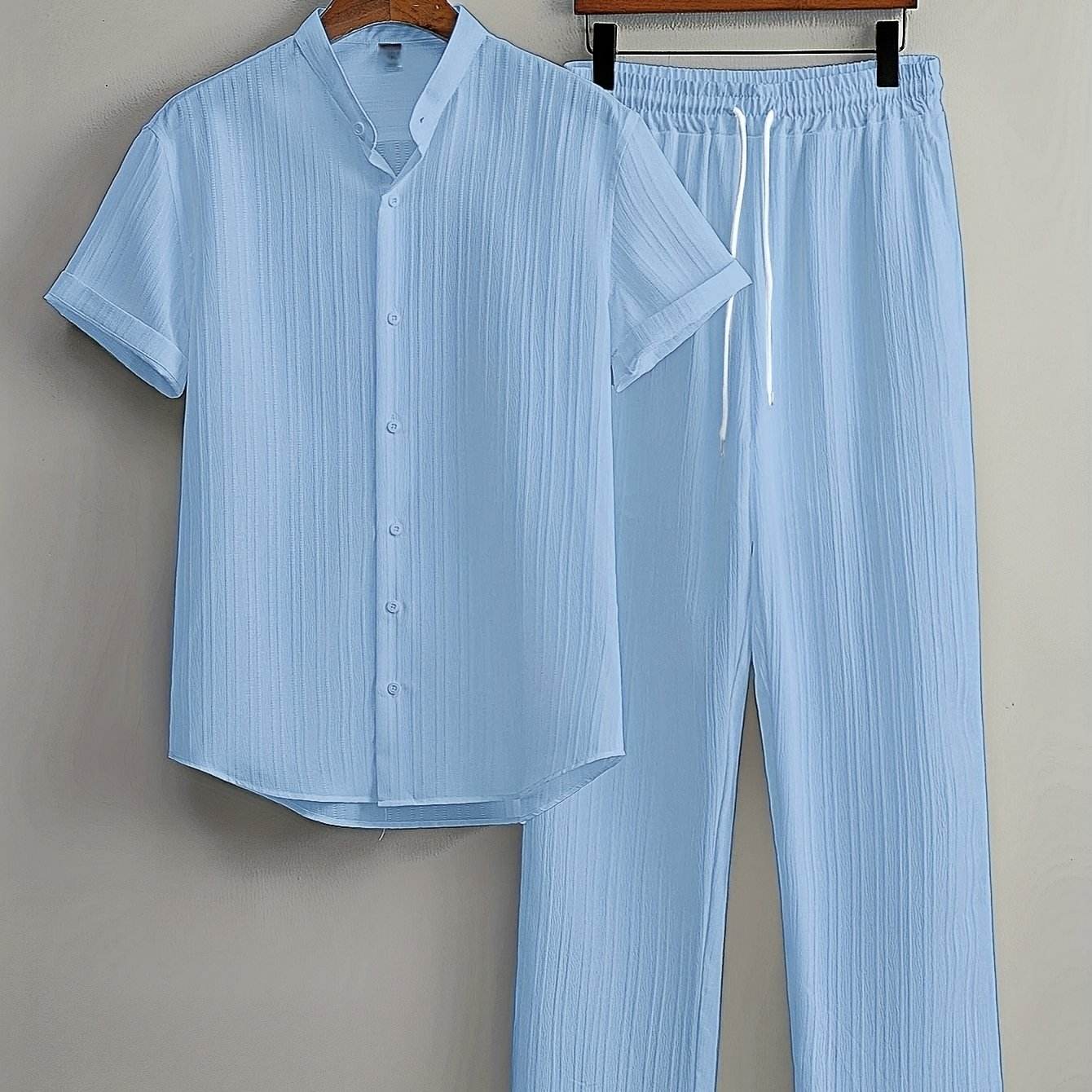 Men's Casual Striped Short Sleeve Shirt & Drawstring Pants Set - Summer Style - Buy Center US
