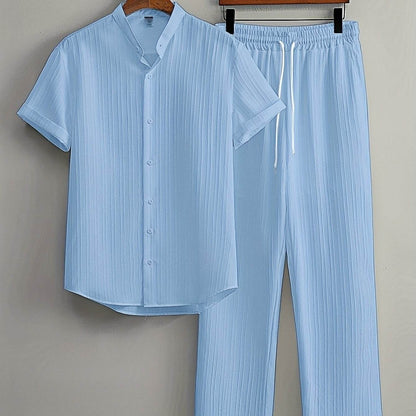 Men's Casual Striped Short Sleeve Shirt & Drawstring Pants Set - Summer Style - Buy Center US