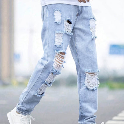 Men's Distressed Denim Jeans - Casual Ripped Light Blue Comfort Fit - Buy Center US